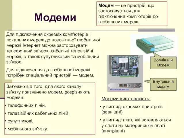 Модеми Для підключення окремих комп'ютерів і локальних мереж до всесвітньої