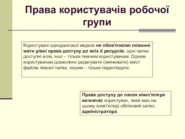 Права користувачів робочої групи Права доступу до папок комп'ютера визначає