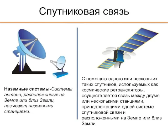 Спутниковая связь Наземные системы-Системы антенн, расположенных на Земле или близ Земли, называют наземными