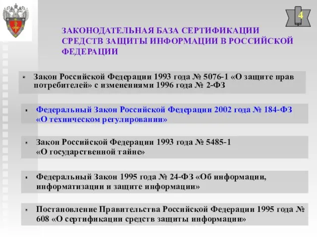 ЗАКОНОДАТЕЛЬНАЯ БАЗА СЕРТИФИКАЦИИ СРЕДСТВ ЗАЩИТЫ ИНФОРМАЦИИ В РОССИЙСКОЙ ФЕДЕРАЦИИ Закон Российской Федерации 1993