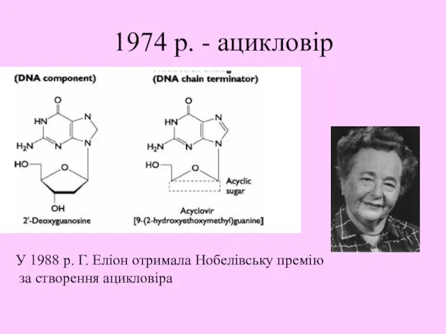 1974 р. - ацикловір У 1988 р. Г. Еліон отримала Нобелівську премію за створення ацикловіра