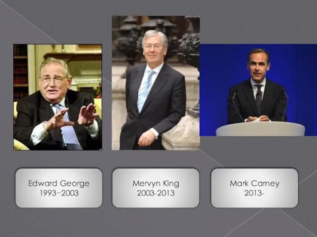 Edward George 1993−2003 Mervyn King 2003-2013 Mark Carney 2013-