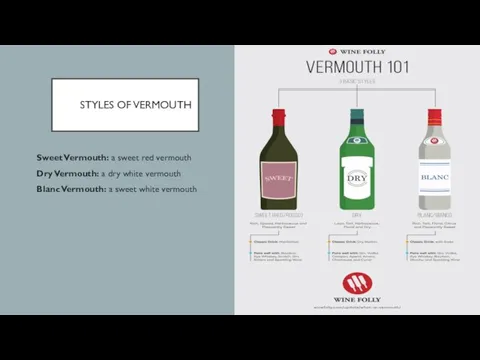 STYLES OF VERMOUTH Sweet Vermouth: a sweet red vermouth Dry