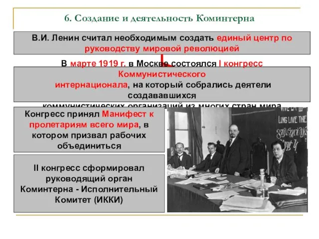 6. Создание и деятельность Коминтерна В.И. Ленин считал необходимым создать единый центр по