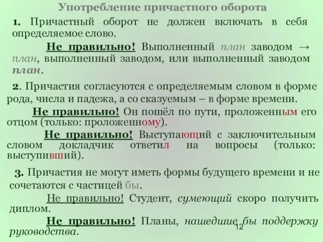 Употребление причастного оборота 1. Причастный оборот не должен включать в