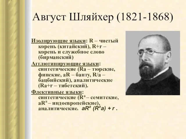 Август Шляйхер (1821-1868) Изолирующие языки: R – чистый корень (китайский),