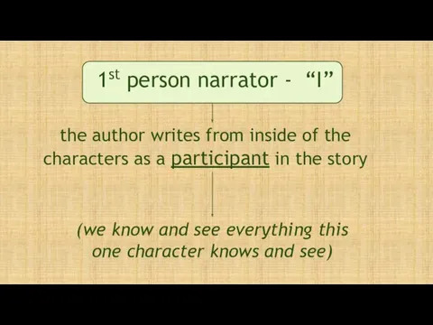 1st person narrator - “I” the author writes from inside of the characters