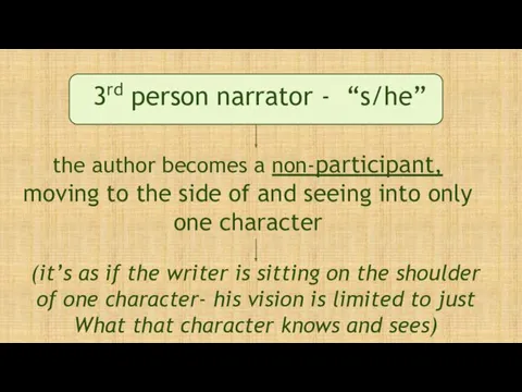 3rd person narrator - “s/he” the author becomes a non-participant, moving to the