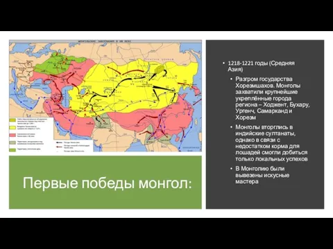 Первые победы монгол: 1218-1221 годы (Средняя Азия) Разгром государства Хорезмшахов.