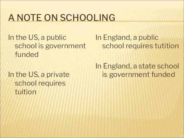 A NOTE ON SCHOOLING In the US, a public school