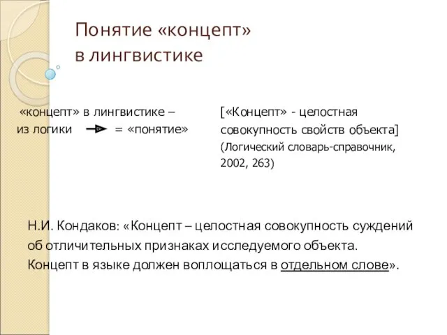 Понятие «концепт» в лингвистике «концепт» в лингвистике – из логики