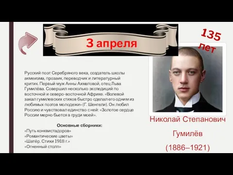 3 апреля Николай Степанович Гумилёв (1886–1921) 135 лет Русский поэт