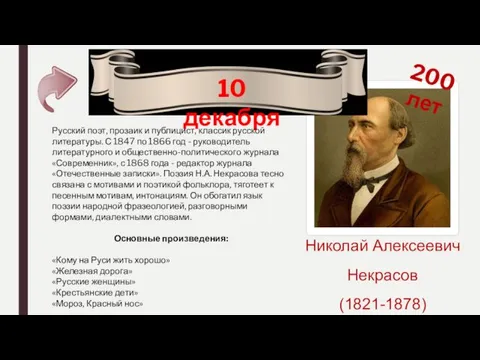 10 декабря 200 лет Николай Алексеевич Некрасов (1821-1878) Русский поэт,