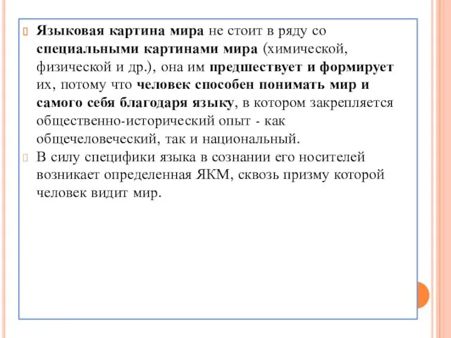 Языковая картина мира не стоит в ряду со специальными картинами