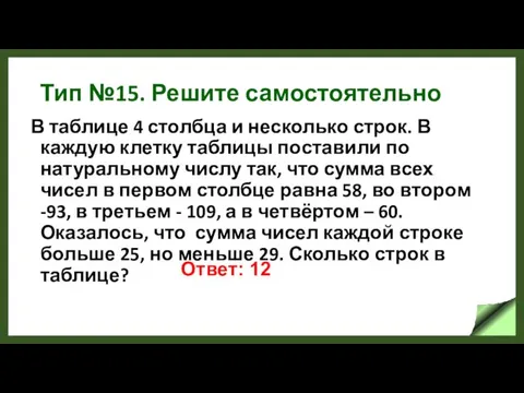 Тип №15. Решите самостоятельно В таблице 4 столбца и несколько