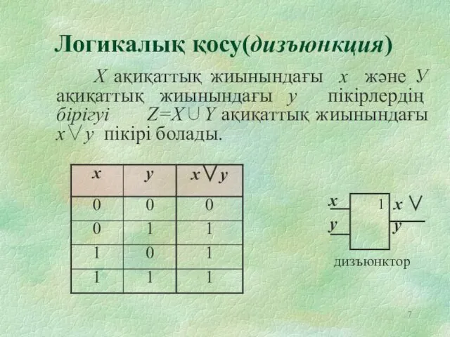 Логикалық қосу(дизъюнкция) Х ақиқаттық жиынындағы х және У ақиқаттық жиынындағы