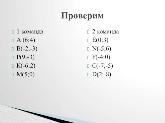 1 команда А (6;4) В(-2;-3) Р(9;-3) К(-6;2) М(5;0) 2 команда Е(0;3) N(-5;6) F(-4;0) C(-7;-5) D(2;-8) Проверим