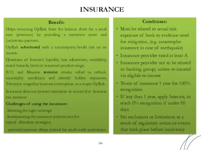 INSURANCE Conditions: Must be related to actual risk exposure of