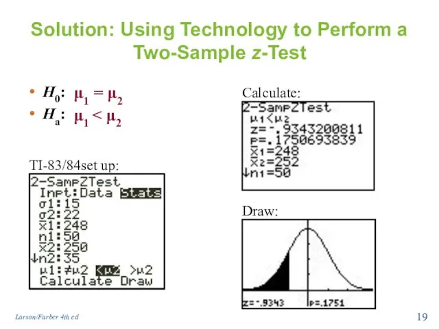 Solution: Using Technology to Perform a Two-Sample z-Test H0: Ha: TI-83/84set up: Calculate: