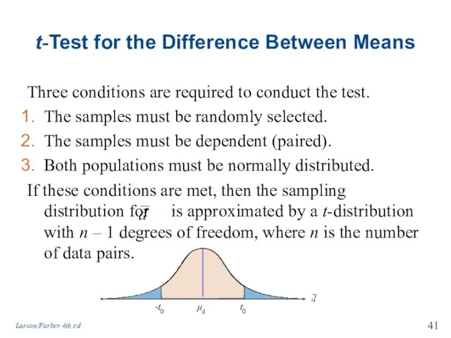 t-Test for the Difference Between Means Three conditions are required to conduct the
