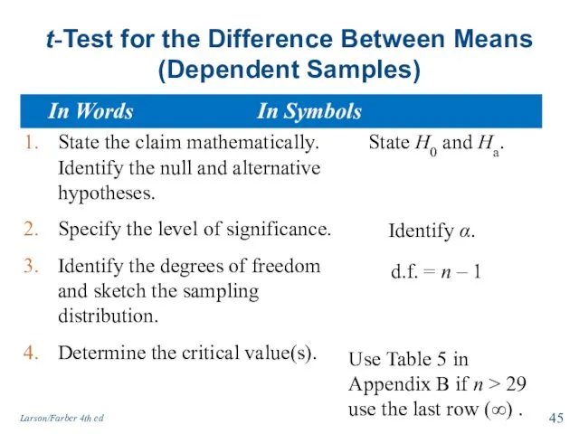 t-Test for the Difference Between Means (Dependent Samples) State the