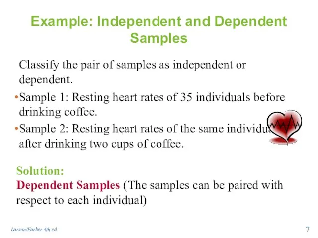 Example: Independent and Dependent Samples Classify the pair of samples as independent or