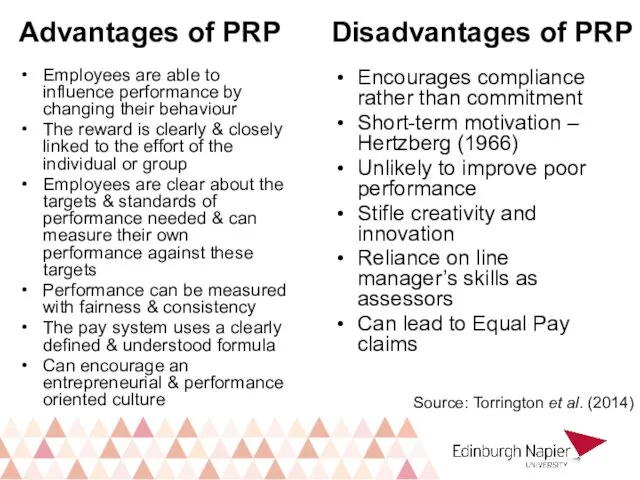 Advantages of PRP Employees are able to influence performance by