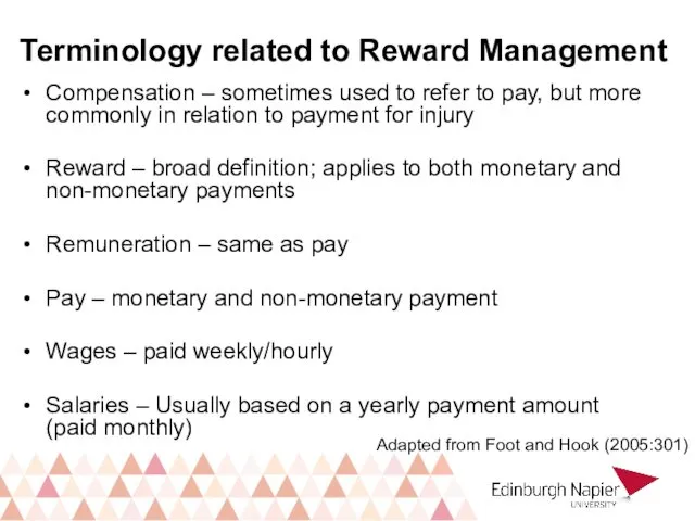 Terminology related to Reward Management Compensation – sometimes used to