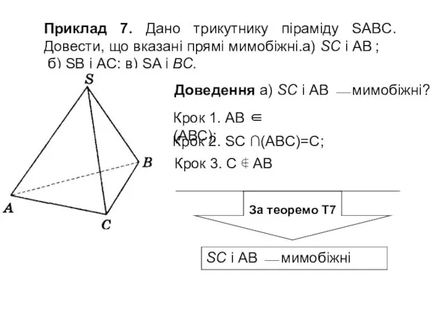 Приклад 7. Дано трикутнику піраміду SABC. Довести, що вказані прямі