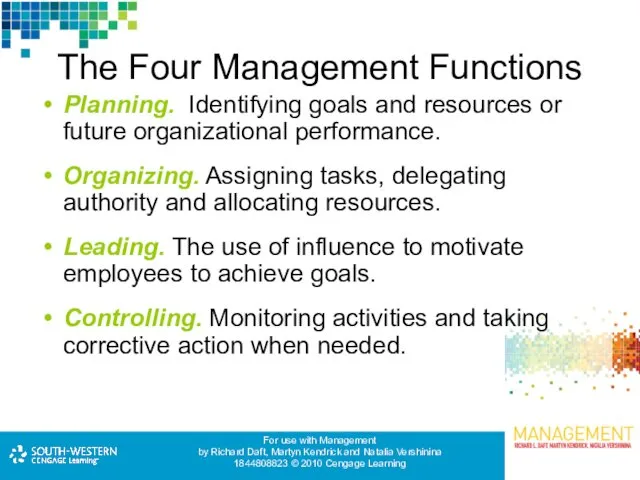 The Four Management Functions Planning. Identifying goals and resources or