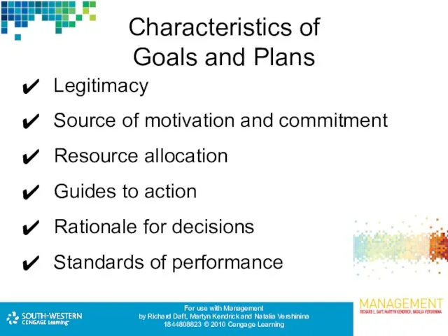 Characteristics of Goals and Plans Legitimacy Source of motivation and