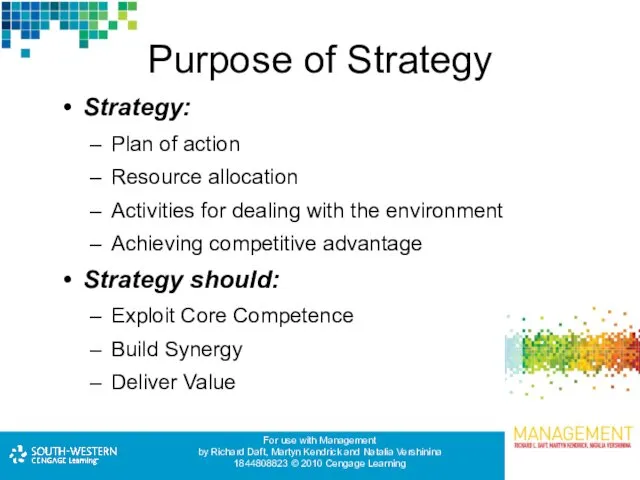 Purpose of Strategy Strategy: Plan of action Resource allocation Activities