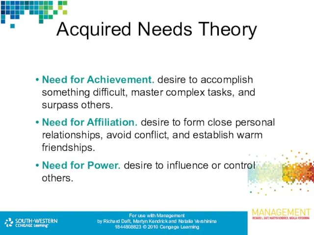 Acquired Needs Theory Need for Achievement. desire to accomplish something