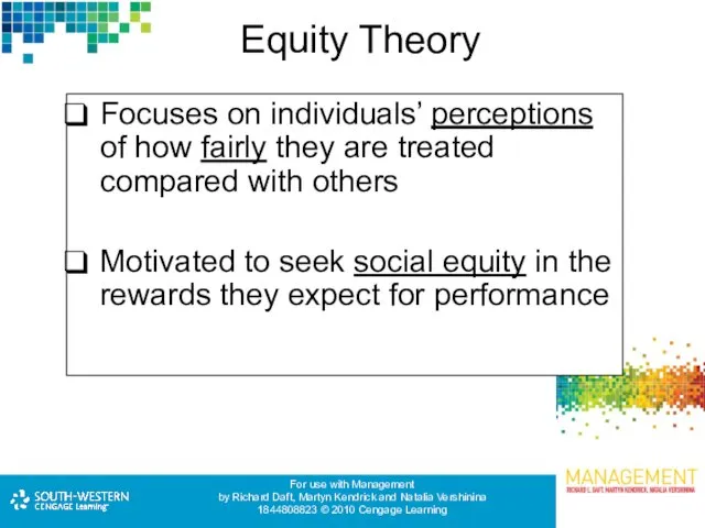 Equity Theory Focuses on individuals’ perceptions of how fairly they