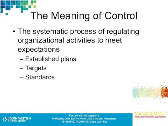 The Meaning of Control The systematic process of regulating organizational