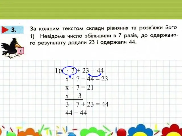 х ⋅ 7 + 23 = 44 х ⋅ 7