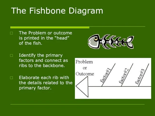 The Fishbone Diagram The Problem or outcome is printed in the “head” of