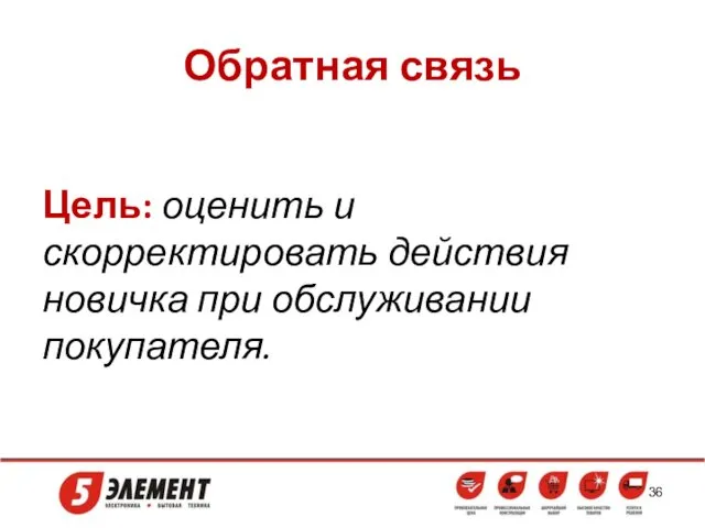 Обратная связь Цель: оценить и скорректировать действия новичка при обслуживании покупателя.