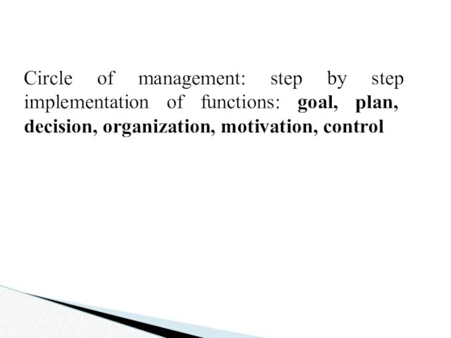 Circle of management: step by step implementation of functions: goal, plan, decision, organization, motivation, control
