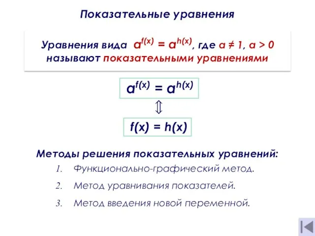 Показательные уравнения Уравнения вида af(x) = аh(х), где а ≠