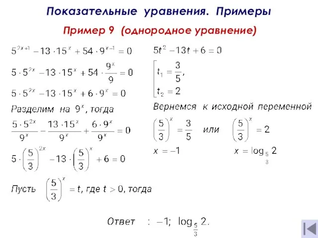 Показательные уравнения. Примеры Пример 9 (однородное уравнение)