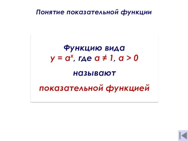 Понятие показательной функции . Функцию вида y = ах, где