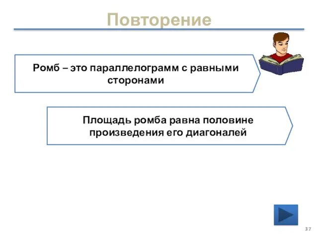 Повторение Площадь ромба равна половине произведения его диагоналей Ромб – это параллелограмм с равными сторонами