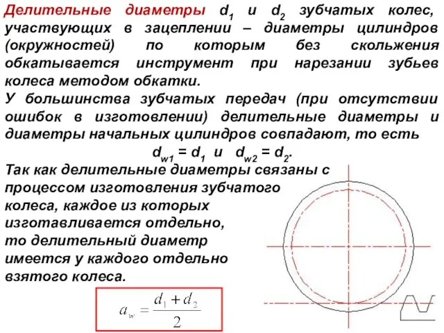 Делительные диаметры d1 и d2 зубчатых колес, участвующих в зацеплении