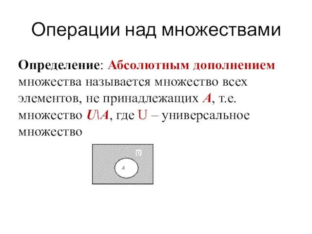 Операции над множествами Определение: Абсолютным дополнением множества называется множество всех