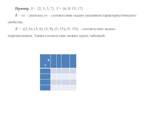 Пример. Х = {2; 3; 5; 7}, Y = {6;