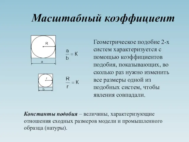 Масштабный коэффициент Геометрическое подобие 2-х систем характеризуется с помощью коэффициентов