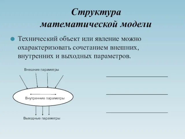 Структура математической модели Технический объект или явление можно охарактеризовать сочетанием внешних, внутренних и выходных параметров.