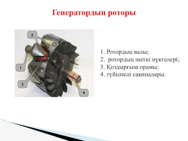 Генератордың роторы 1. Ротордың валы; 2. ротордың шеткі нүктелері; 3. Қоздырғыш орамы; 4. түйіспелі сақиналары.