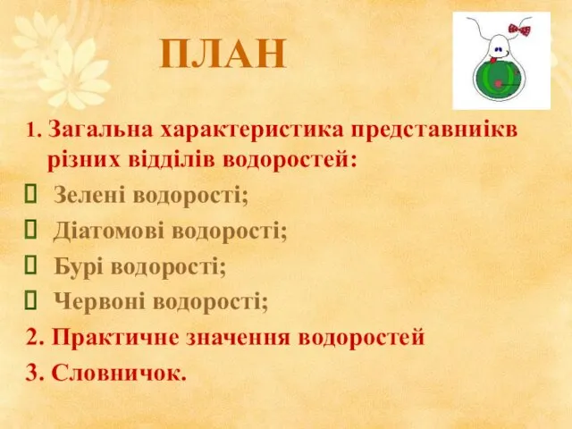 ПЛАН 1. Загальна характеристика представниікв різних відділів водоростей: Зелені водорості;